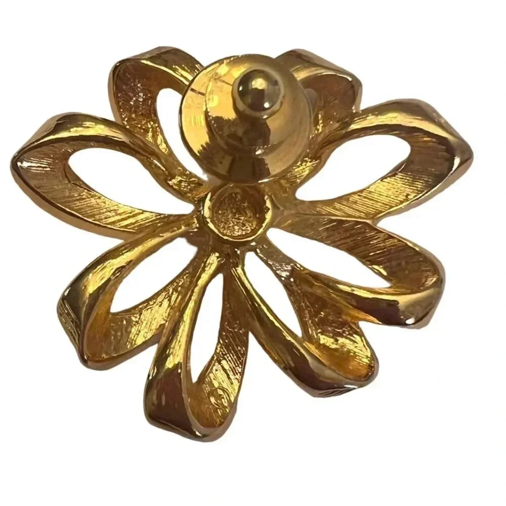 Vintage Avon Nina Ricci Bow Flower Lapel Brooch Pin Rhinestone Gold Tone